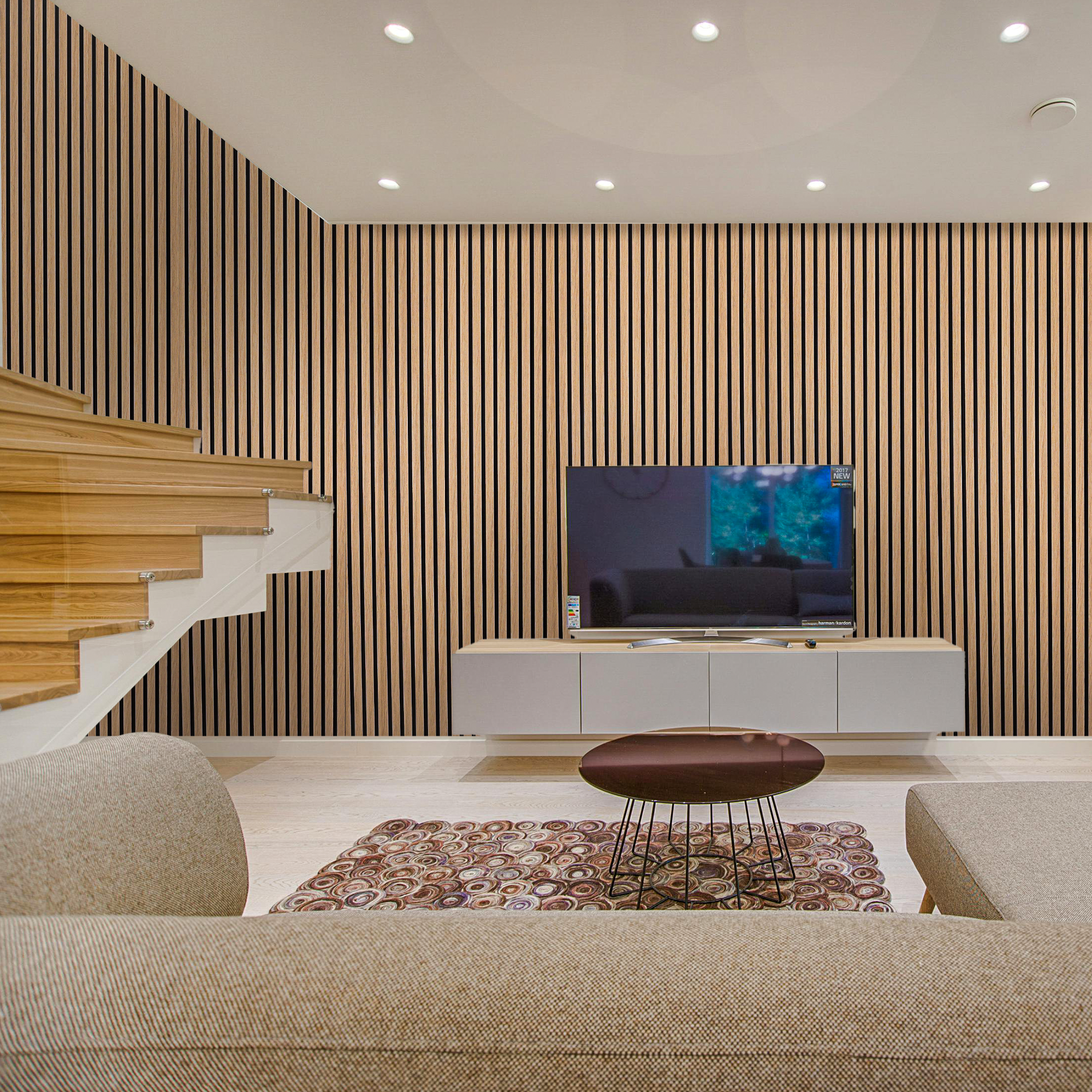 Smooth wood veneer finish with fire-rated acoustic backing. Fast and simple installation for domestic or commercial use.