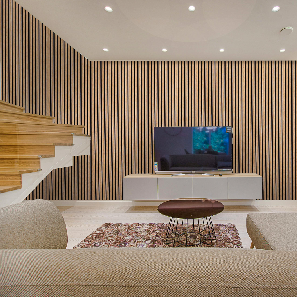 Smooth wood veneer finish with fire-rated acoustic backing. Fast and simple installation for domestic or commercial use.
