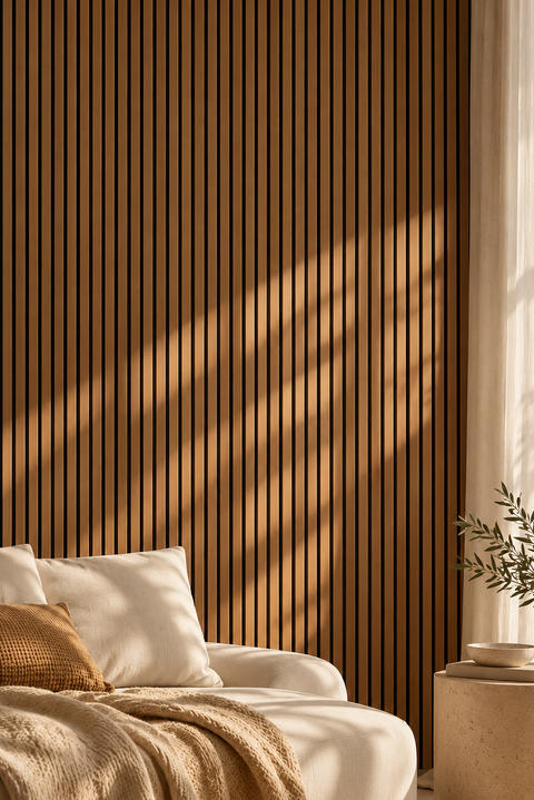 Delaco acoustic wood slat wall panels on a feature wall